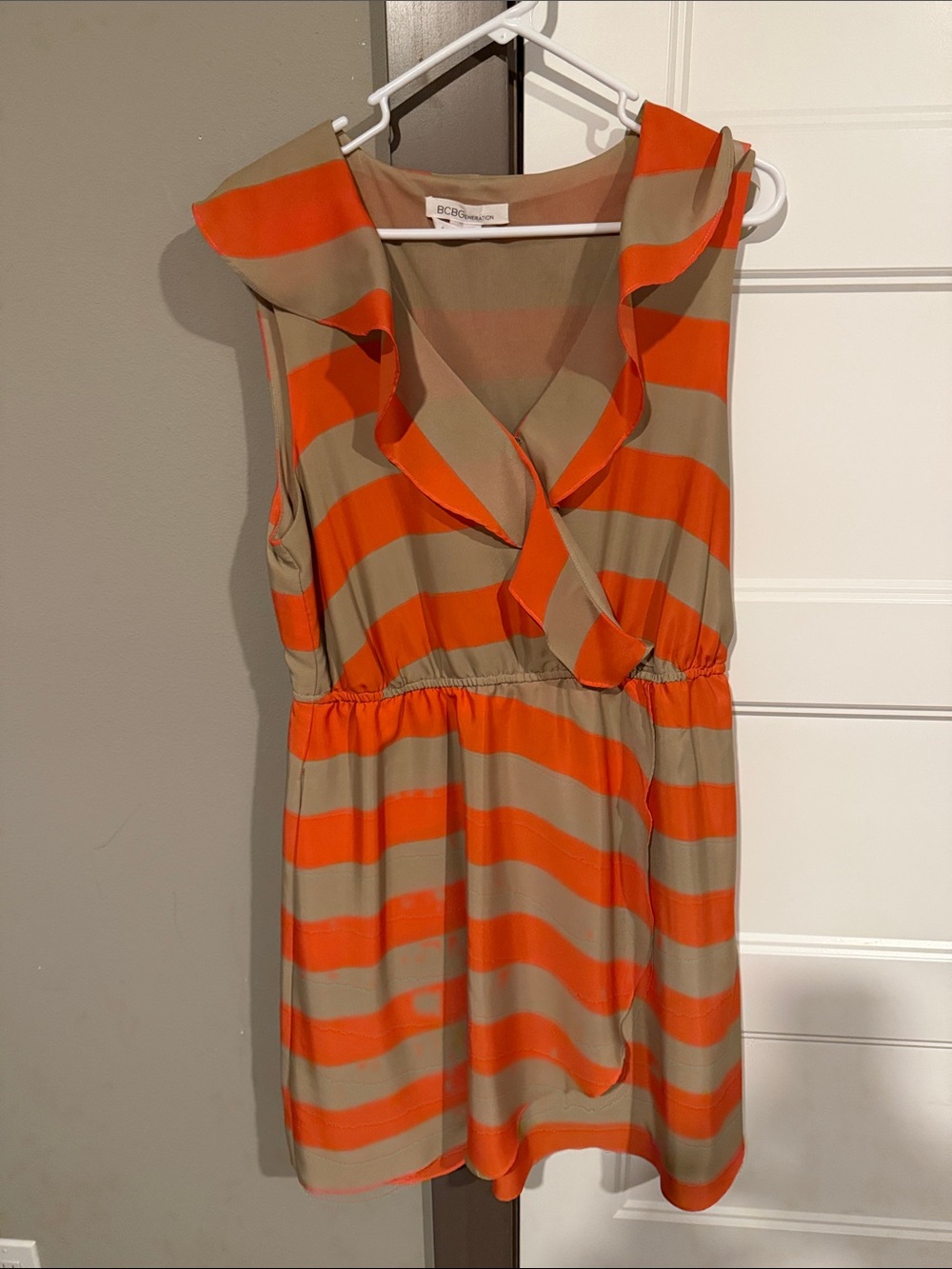 BCBGeneration Orange and Taupe Striped Ruffle-Front Midi Dress